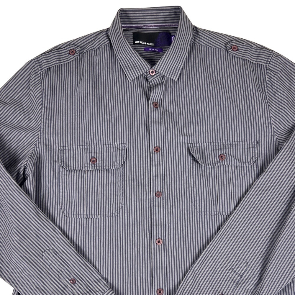 American Rag Mens XL Grey Purple Striped Long Sleeve Button Down Utility Shirt